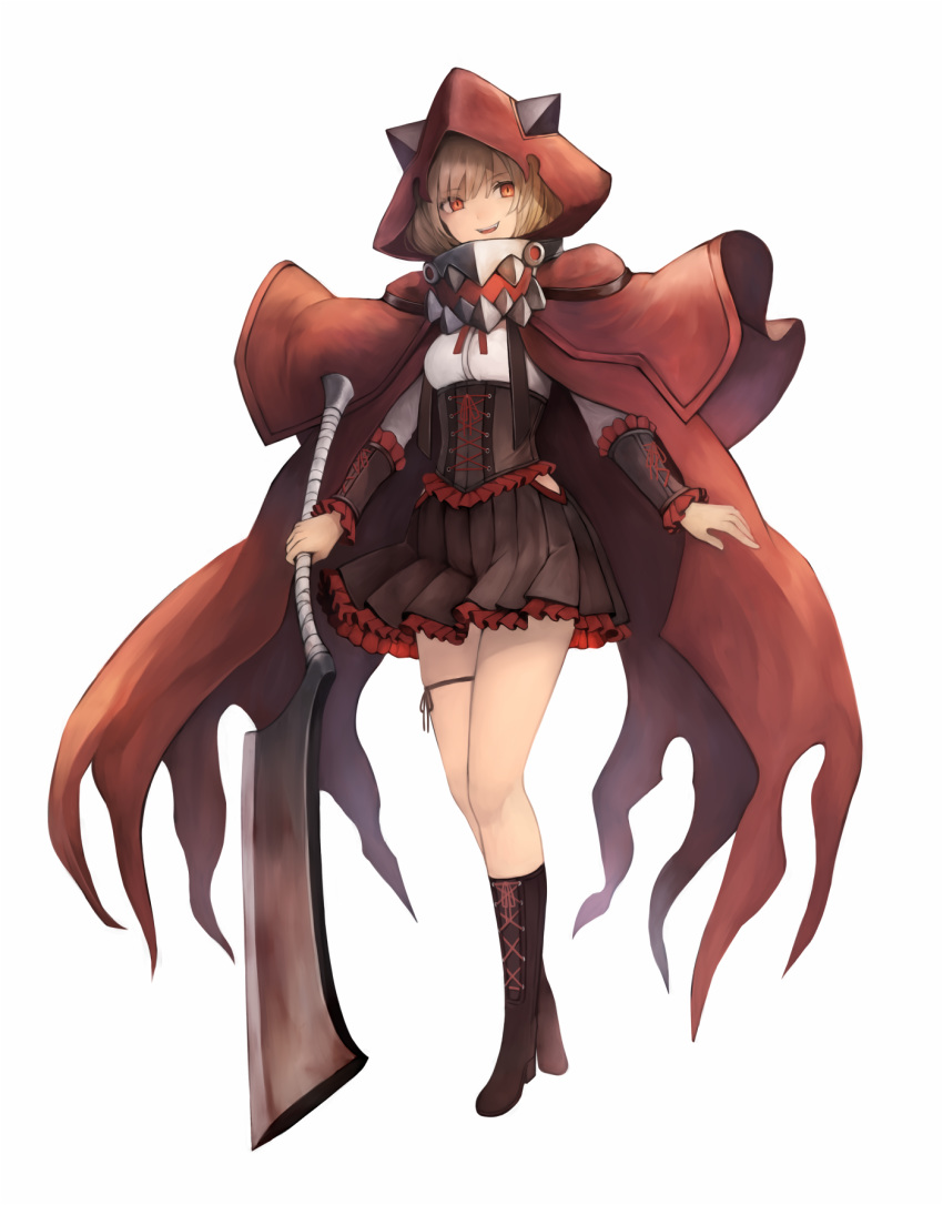 animal_ears axe bangs blush boots breasts brown_hair cloak collar corset cross-laced_clothes cross-laced_footwear crossed_legs dress eyebrows_visible_through_hair fake_animal_ears fangs frilled_dress frilled_skirt frills full_body hair_between_eyes hat highres holding holding_axe holding_weapon inaba_sunimi knee_boots looking_at_viewer original parted_lips pleated_skirt red_eyes ribbon shirt short_hair simple_background skirt smile solo standing teeth weapon white_background white_shirt