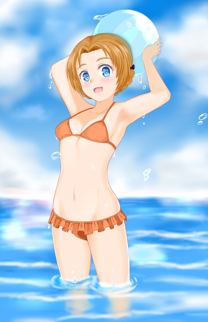 armpits arms_behind_head arms_up ball bangs beachball bikini black_bow blue_eyes blue_sky bow boxreeema braid breasts cloud cloudy_sky commentary_request cowboy_shot day droplet frilled_bikini frills girls_und_panzer hair_bow highres holding looking_at_viewer navel ocean open_mouth orange_bikini orange_pekoe outdoors parted_bangs short_hair sky small_breasts smile solo standing swimsuit tied_hair twin_braids wading wet