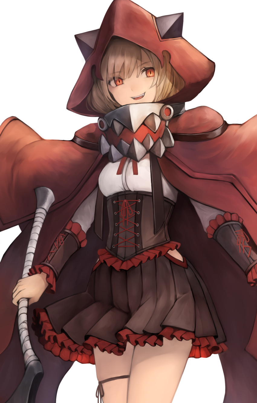 axe bangs blush boots breasts brown_hair cloak collar corset cross-laced_clothes cross-laced_footwear crossed_legs dress eyebrows_visible_through_hair fangs frilled_dress frilled_skirt frills hair_between_eyes hat highres holding holding_axe holding_weapon inaba_sunimi knee_boots looking_at_viewer md5_mismatch original parted_lips pleated_skirt red_eyes ribbon shirt short_hair simple_background skirt smile solo standing teeth weapon white_background white_shirt