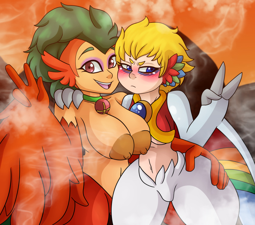 animal_humanoid avian avian_humanoid bird blonde_hair blue_eyes blue_feathers blush breasts brown_areola brown_nipples brown_skin clothed clothing coat_only collar_only duo dyna_blade dyna_blade_(species) feathers female green_feathers green_hair hair hot_wings_(kirby) humanoid kirby_(series) mostly_nude nintendo nipples orange_feathers phoenix red_eyes red_feathers v_sign video_games white_skin yoshimister