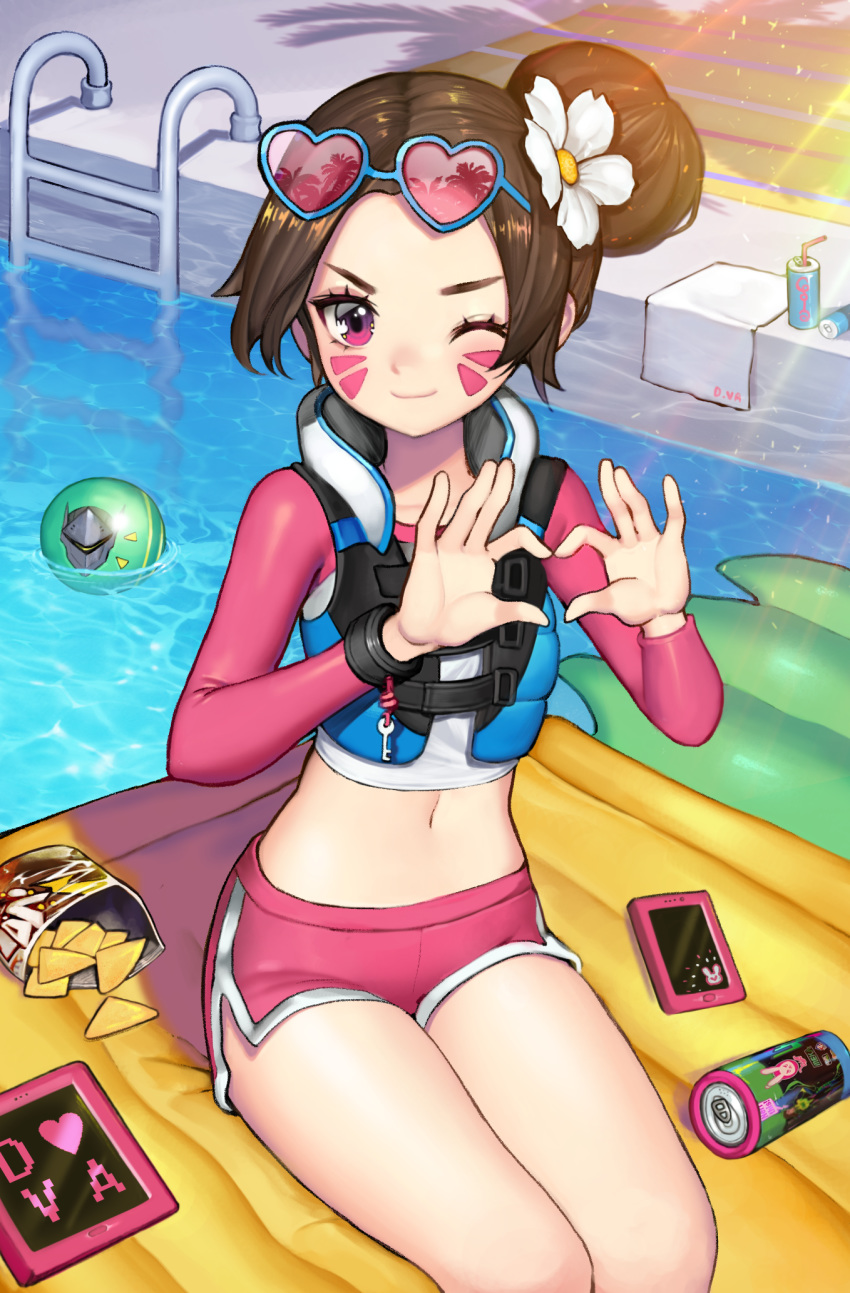 ;) alternate_costume alternate_hairstyle brown_hair can channah0223 character_name character_print commentary d.va_(overwatch) drinking_straw flower genji_(overwatch) glasses hair_bun hair_flower hair_ornament heart highres key long_sleeves looking_at_viewer midriff navel one_eye_closed outdoors overwatch phone pink_eyes pink_shirt pink_shorts pool seiza shirt short_shorts shorts sitting smile snack solo water waveracer_d.va whisker_markings
