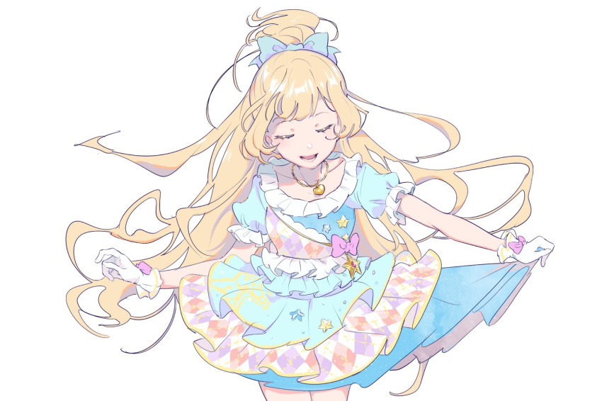 aikatsu!_(series) aikatsu_stars! blonde_hair bow bowing closed_eyes cowboy_shot dress frills gloves hair_bow heart heart_necklace idol jewelry long_hair lower_teeth necklace open_mouth shiontaso shiratori_hime short_sleeves simple_background skirt skirt_lift smile solo star teeth white_background white_gloves