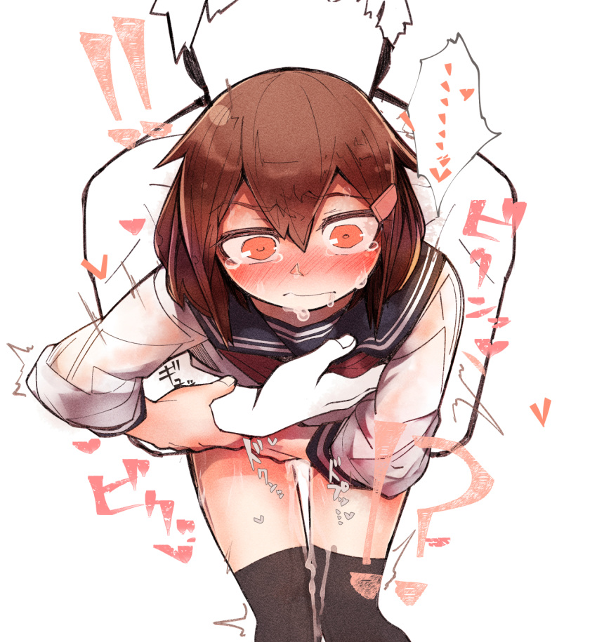 !! !? 1boy 1girl black_legwear blush brown_hair fingering grabbing grabbing_from_behind hair_between_eyes hair_ornament hairclip heart ikazuchi_(kantai_collection) kantai_collection partially_colored pussy_juice sailor_collar thigh_gap thighhighs zhui