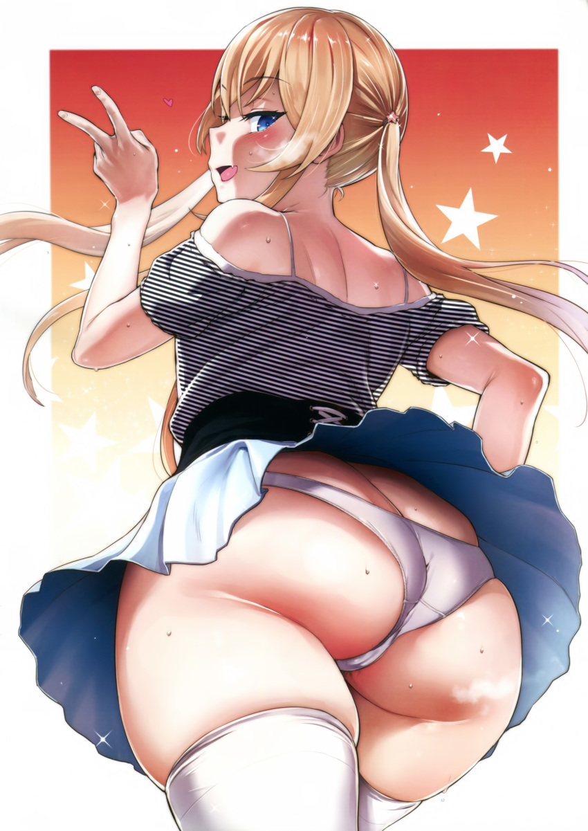 :d absurdres ass bare_shoulders blonde_hair blue_eyes blush cowboy_shot curvy fang from_behind half-closed_eyes heavy_breathing highres iku_(ikuchan_kaoru) long_hair off_shoulder open_mouth original panties pleated_skirt scan shirt short_sleeves sidelocks simple_background skindentation skirt smile solo star striped striped_shirt sweat thighhighs twintails underwear upskirt v white_background white_legwear white_panties white_skirt wind wind_lift
