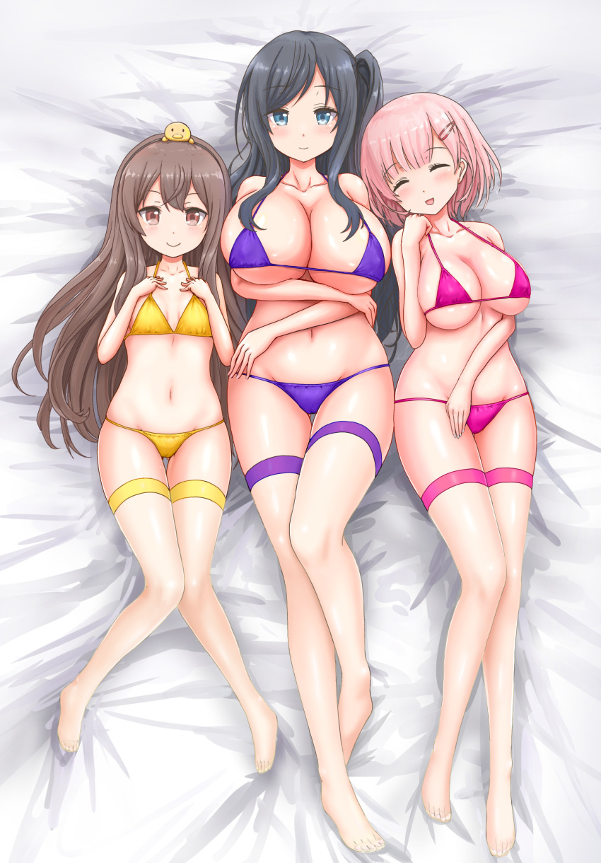 bikini black_hair blue_eyes breasts brown_eyes brown_hair cleavage closed_eyes commentary_request dakimakura flat_chest full_body hair_ornament hairband hairclip hand_on_own_face hand_on_own_thigh hands_on_own_chest hands_on_own_stomach highres kazami_yuri knees_together_feet_apart large_breasts legs long_hair long_legs lying multiple_girls navel on_back open_mouth pink_bikini pink_hair pink_swimsuit purple_bikini purple_swimsuit see-through short_hair side_ponytail smile sunoharasou_no_kanrinin-san swimsuit thigh_gap thighhighs toes vakamega_bongu_0505 white_legwear yamanashi_sumire yellow_bikini yellow_swimsuit yukimoto_yuzu