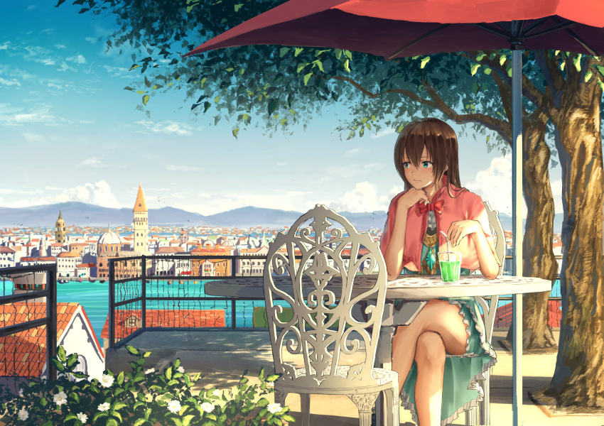 balcony bendy_straw blue_dress blue_eyes blue_sky bow bowtie brown_hair capelet chair chin_rest city cityscape cloud crossed_legs cup daisy day dress drinking_glass drinking_straw elbow_rest expressionless flower frilled_skirt frills gem highres holding looking_to_the_side mountain original outdoors railing red_bow red_neckwear revision shade shadow short_hair sitting skirt sky solo stairs sugi87 table tree umbrella water