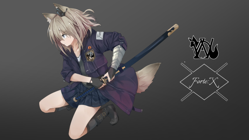 animal_ears black_gloves black_skirt blue_eyes boots bracer bridal_gauntlets closed_mouth commentary_request fingerless_gloves forte_(waichi) fox_ears fox_girl fox_tail from_side gloves grey_background grey_footwear holding holding_sword holding_weapon jacket katana kneeling light_brown_hair long_sleeves original pleated_skirt purple_jacket sheath simple_background single_fingerless_glove single_headphone skirt solo sword tail unsheathing waichi weapon