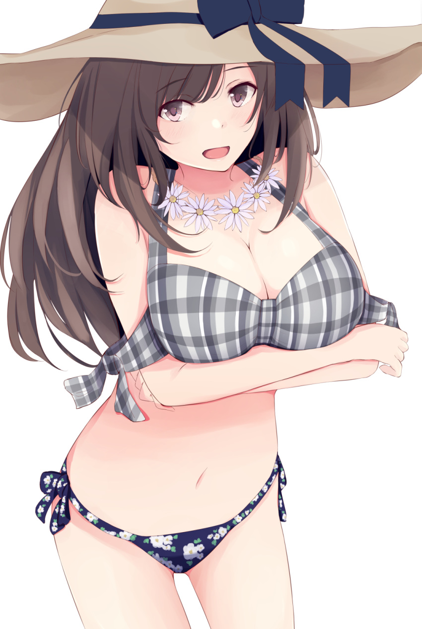 bangs bare_shoulders bikini blue_bikini_bottom blue_ribbon blush breast_hold breasts brown_hair cleavage collarbone commentary_request crossed_arms floral_print flower flower_necklace grey_bikini_top hat hat_ribbon highres hips idolmaster idolmaster_shiny_colors itete jewelry large_breasts long_hair looking_at_viewer navel necklace open_mouth pink_eyes plaid plaid_bikini ribbon simple_background solo sun_hat swept_bangs swimsuit thighs tsukioka_kogane white_background