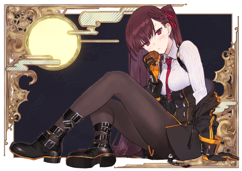 arm_support bangs black_footwear black_legwear black_skirt blazer blush boots braid breasts closed_mouth collared_shirt commentary_request eyebrows_visible_through_hair food french_braid girls_frontline gloves hair_ribbon half_updo head_tilt high-waist_skirt highres holding holding_food jacket knee_up large_breasts long_hair looking_at_viewer mooncake necktie noco_(adamas) off_shoulder one_side_up pantyhose pelvic_curtain purple_hair red_eyes red_neckwear ribbon shirt shoes sitting skirt solo striped striped_shirt thighband_pantyhose very_long_hair wa2000_(girls_frontline)