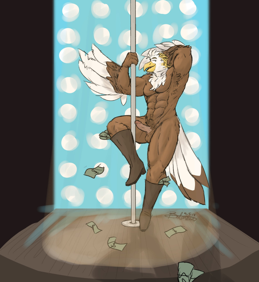 abs anthro avian balls bird boots bota_nu clothing cowboy dancing eagle erection feathers footwear humanoid_penis male money mostly_nude muscular muscular_male nude pecs penis pole pole_dancing solo stripper_pole thunderbird tokyo_afterschool_summoners