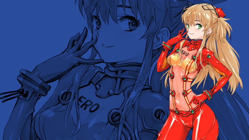 azusagawa_tsukino bodysuit bra breasts commentary_request cosplay covered_navel evangelion:_2.0_you_can_(not)_advance gloves green_eyes hair_between_eyes hairpods hassystants highres light_brown_hair long_hair looking_at_viewer neon_genesis_evangelion plugsuit rebuild_of_evangelion shikinami_asuka_langley shikinami_asuka_langley_(cosplay) skin_tight small_breasts smile souryuu_asuka_langley test_plugsuit underwear yakitate!!_japan