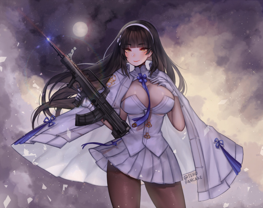 ass_visible_through_thighs assault_rifle bangs between_breasts black_hair blue_neckwear blunt_bangs blush breasts brown_legwear closed_mouth commentary contrapposto cowboy_shot english_commentary eyebrows_visible_through_hair floating_hair full_moon girls_frontline gloves gun hand_on_own_chest holding holding_gun holding_weapon jacket_on_shoulders long_hair looking_at_viewer moon necktie necktie_between_breasts pantyhose pleated_skirt qbz-95_(girls_frontline) rifle skirt smile solo terupancake twitter_username vest weapon white_gloves white_skirt white_vest yellow_eyes