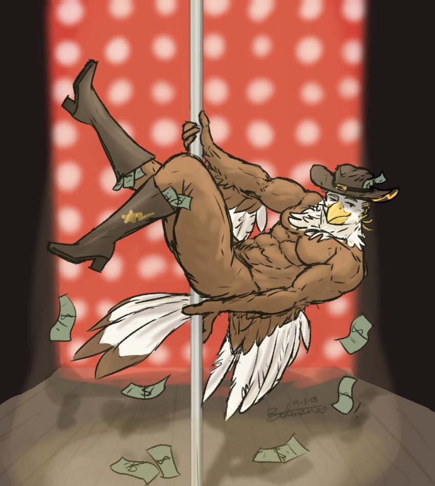 abs anthro avian beak bird boots bota_nu butt clothed clothing cowboy cowboy_hat dancing eagle feathers footwear hat male money mostly_nude muscular muscular_male nude one_eye_closed pecs pole pole_dancing solo stripper_pole thunderbird tokyo_afterschool_summoners