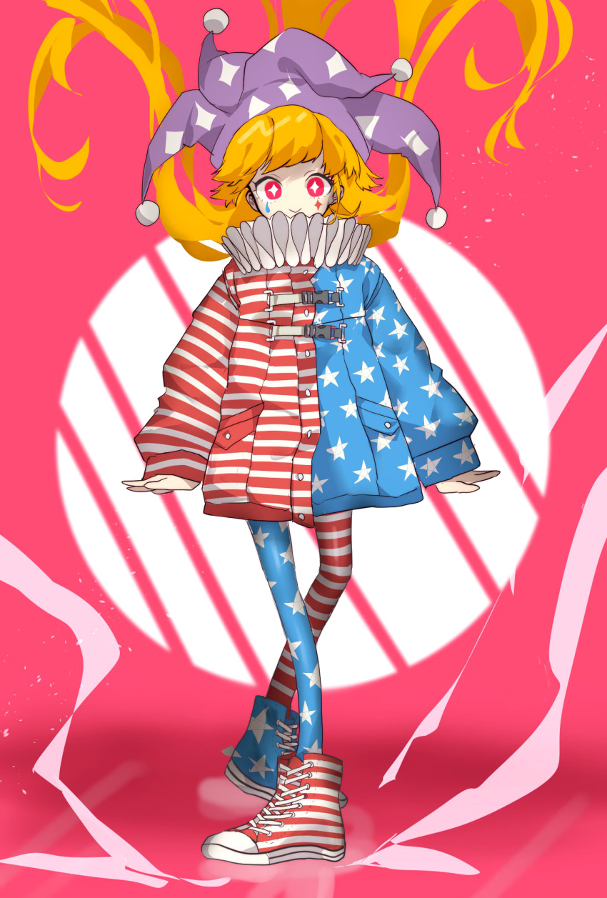 american_flag american_flag_legwear american_flag_print blonde_hair clownpiece commentary_request facepaint flag_print hat highres jacket jester_cap long_hair neck_ruff pantyhose pink_background print_legwear red_eyes semimaru_(user_zzuy5884) shoes smile sneakers star star-shaped_pupils star_print striped symbol-shaped_pupils touhou