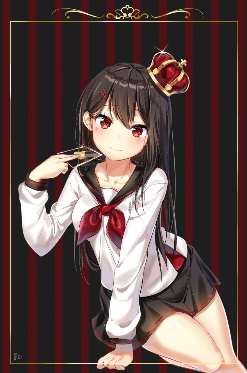 arm_support bangs black_sailor_collar black_skirt blush breasts brown_hair card closed_mouth collarbone commentary crown english_commentary eyebrows_visible_through_hair hair_between_eyes hair_ornament hairclip hand_up head_tilt heart highres holding holding_card long_hair long_sleeves medium_breasts mini_crown moong_gya neckerchief original pleated_skirt red_eyes red_neckwear sailor_collar school_uniform serafuku shirt signature skirt smile solo striped striped_background tilted_headwear transparent vertical-striped_background vertical_stripes very_long_hair white_shirt