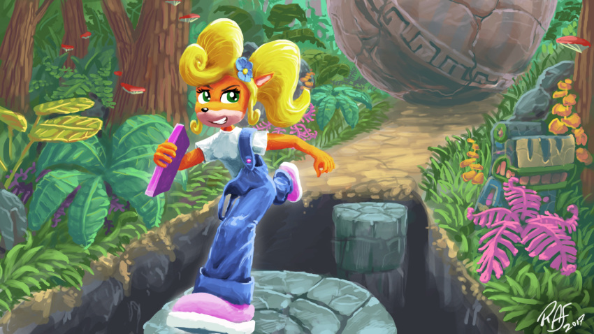 16:9 2017 5_fingers anthro black_nose blonde_hair boulder clothed clothing coco_bandicoot crash_bandicoot_(series) detailed_background digital_media_(artwork) digital_painting_(artwork) female flower fully_clothed green_eyes grin hair hi_res jungle looking_back mammal marsupial overalls plant ponytail rock rubberrabbit2 running signature smile solo tree video_games