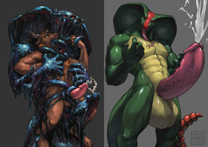 anthro balls beckoning big_balls bovine cattle cum cumshot deusexmoose domination duo ejaculation erection forced goo hand_on_penis hi_res huge_balls humanoid_penis hyper hyper_balls hyper_penis looking_at_viewer male male/male mammal muscular muscular_male orgasm penis rape reptile scalie snake tongue tongue_out transformation vein