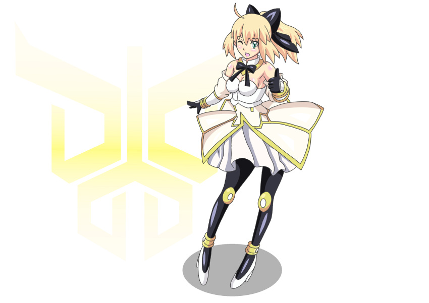 ahoge artoria_pendragon_(all) black_gloves black_ribbon blonde_hair breasts buti-yu commentary crossover dress fate/unlimited_codes fate_(series) gloves green_eyes hair_ribbon highres kamen_rider kamen_rider_kuuga kamen_rider_kuuga_(series) ribbon rider-tan saber_lily solo translation_request white_dress