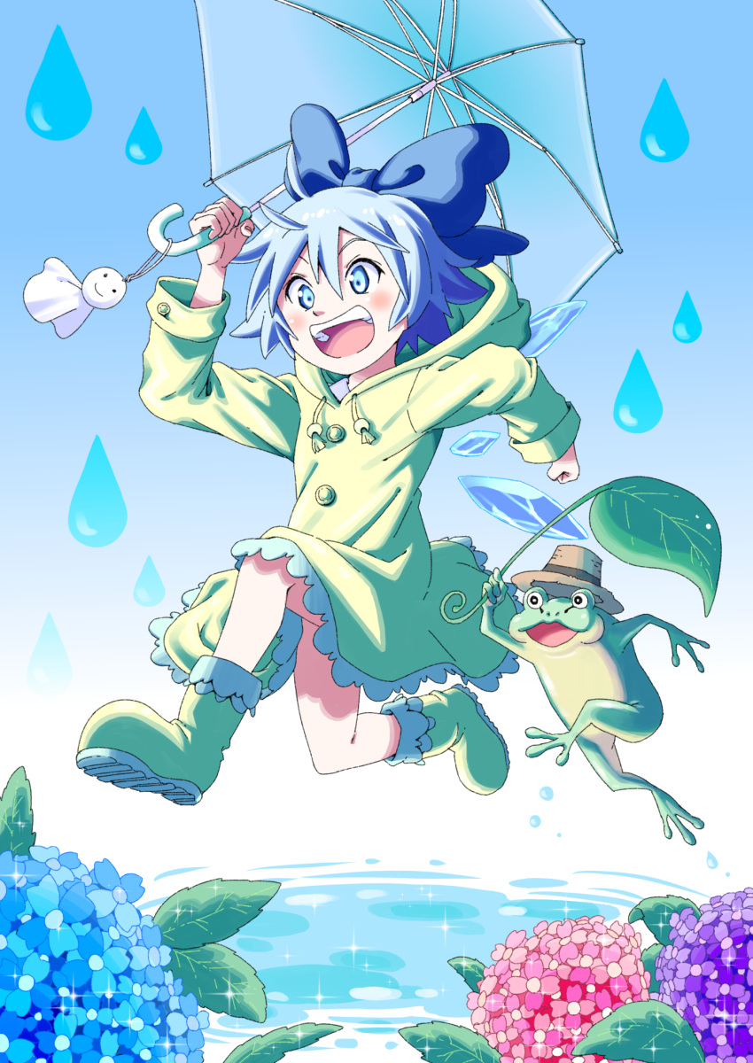 :d alternate_costume bare_legs blue_bow blue_eyes blue_hair boots bow buttons cirno commentary elbow_gloves flower frog full_body gloves hair_between_eyes hair_bow hands_up happy hat highres holding holding_leaf holding_umbrella hood hood_down hydrangea ice ice_wings inuno_rakugaki leaf leaf_umbrella looking_afar open_mouth puddle rain raincoat rubber_boots running short_hair smile sparkle teruterubouzu touhou umbrella upper_teeth water water_drop wide-eyed wings yellow_footwear