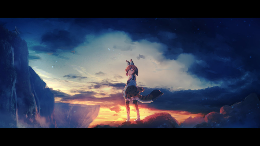 animal_ears blonde_hair cliff cloud commentary elbow_gloves english_commentary evening from_behind gloves highres kemono_friends looking_at_viewer looking_back nitro_(mugityaoisii) outdoors print_legwear print_skirt scenery serval_(kemono_friends) serval_ears serval_print serval_tail shirt skirt sky sleeveless sleeveless_shirt solo tail thighhighs white_footwear