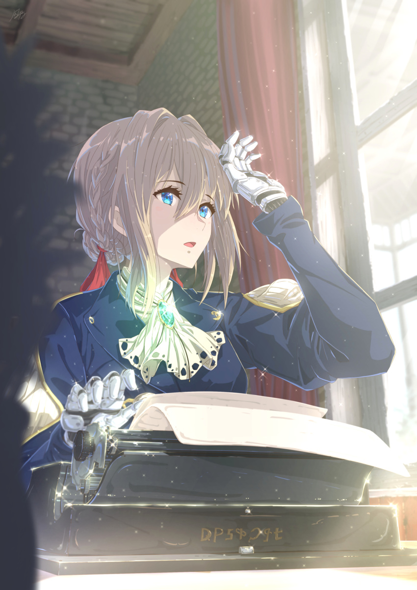 :o arm_up ascot bangs blonde_hair blue_eyes blue_jacket blurry braid brooch commentary_request curtains day depth_of_field eyebrows_visible_through_hair gem glint hair_between_eyes hair_intakes hair_ribbon hand_on_own_head highres indoors jacket jewelry juliet_sleeves kazeno long_sleeves looking_away looking_to_the_side open_mouth paper prosthetic_hand puffy_sleeves red_ribbon ribbon shiny shiny_hair sidelocks signature solo stone_wall sunlight table typewriter upper_body violet_evergarden violet_evergarden_(character) wall white_neckwear window