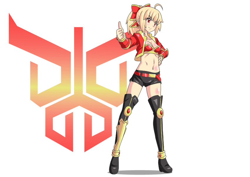 ahoge artoria_pendragon_(all) blonde_hair breasts buti-yu closed_mouth crossover fate/stay_night fate_(series) highres kamen_rider kamen_rider_kuuga kamen_rider_kuuga_(series) ponytail red_eyes rider-tan saber shorts smile solo thumbs_up