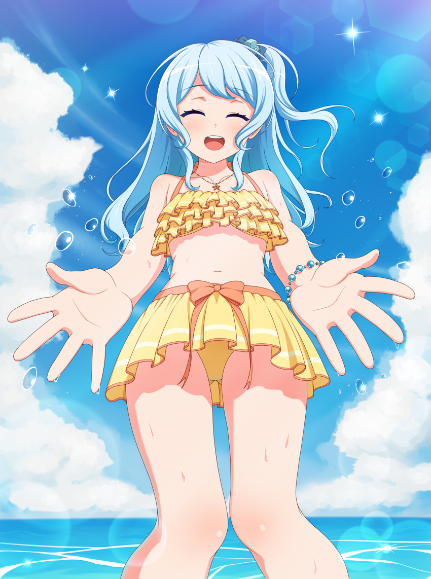 :d ass_visible_through_thighs bang_dream! bangs beach bikini_skirt blue_hair blush bracelet day furou hair_ornament hair_ribbon halterneck hello_happy_world! highres jewelry light_blue_hair long_hair matsubara_kanon navel one_side_up open_mouth outdoors outstretched_arms pendant ribbon round_teeth smile solo spread_arms stomach swimsuit teeth upper_teeth water water_drop