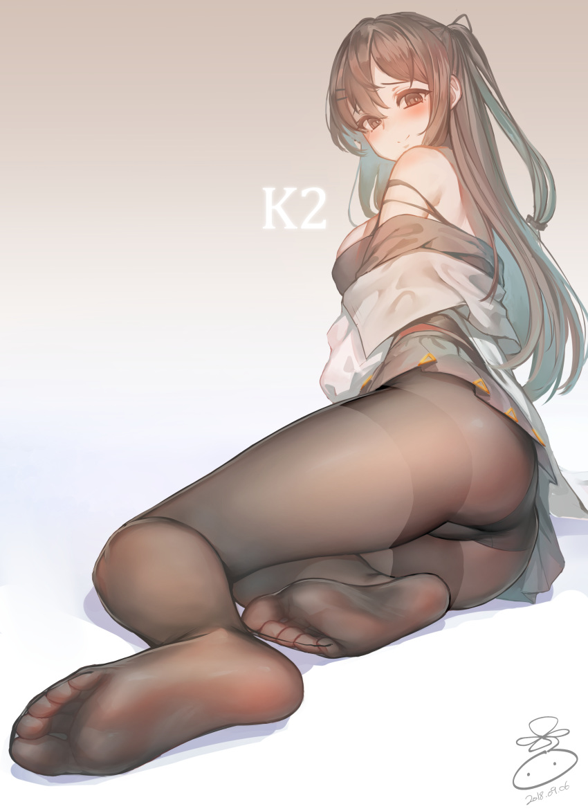 absurdres ass bangs bare_shoulders black_legwear black_panties blush breasts brown_eyes brown_hair character_name closed_mouth commentary dated downscaled_revision eyebrows_visible_through_hair feet girls_frontline gradient gradient_background hair_ornament hair_ribbon hairclip highres k-2_(girls_frontline) legs long_hair long_sleeves looking_at_viewer md5_mismatch medium_breasts no_shoes off_shoulder one_side_up panties panties_under_pantyhose pantyhose pantyshot pantyshot_(sitting) ribbon signature simple_background sitting smile soles solo suerte thighband_pantyhose toes underwear yokozuwari