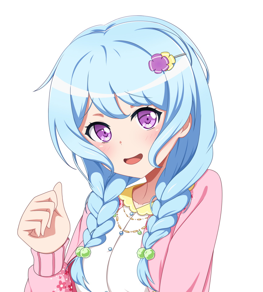 alternate_hairstyle bang_dream! bangs blue_hair blush braid clenched_hand furou hair_bobbles hair_ornament hairclip hand_up hello_happy_world! highres jacket jewelry light_blue_hair long_hair long_sleeves looking_at_viewer matsubara_kanon necklace open_mouth pink_jacket purple_eyes simple_background smile solo twin_braids upper_body white_background
