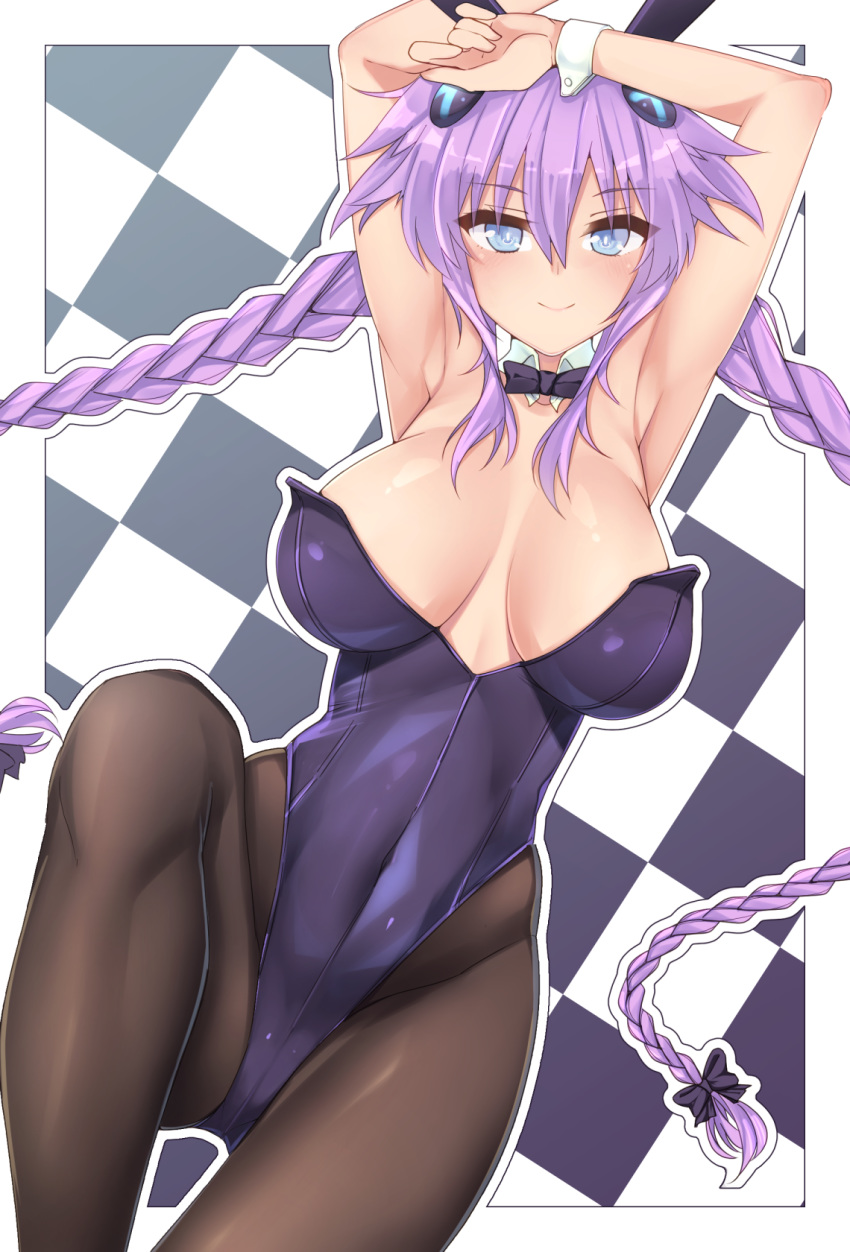 alternate_costume animal_ears armpits arms_up blue_eyes blush braid breasts bunny_day bunny_ears bunnysuit checkered checkered_background covered_navel cuffs detached_collar dura hair_between_eyes hair_ribbon handcuffs highres large_breasts long_hair looking_at_viewer neptune_(series) pantyhose power_symbol purple_hair purple_heart ribbon skin_tight smile solo symbol-shaped_pupils twin_braids twintails very_long_hair wrist_cuffs