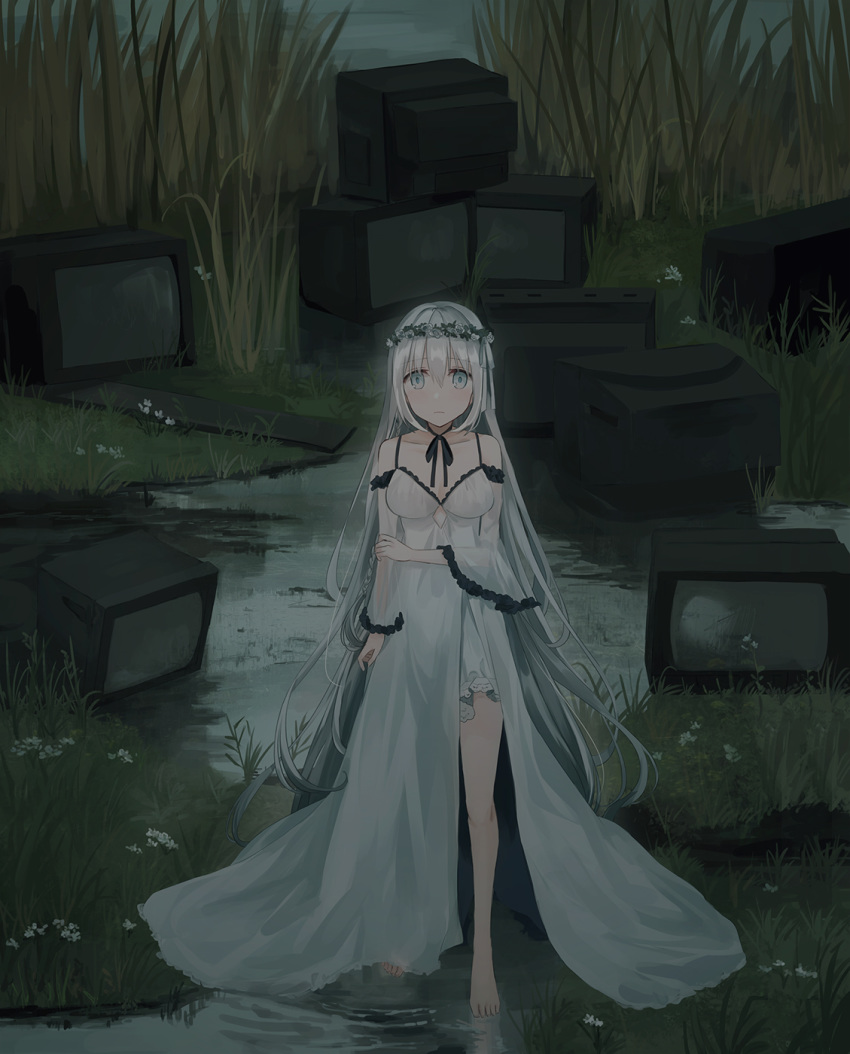 bangs bare_shoulders barefoot blue_eyes breasts chihuri closed_mouth commentary_request detached_sleeves dress eyebrows_visible_through_hair flower grass hair_between_eyes highres long_hair long_sleeves looking_at_viewer medium_breasts night original outdoors silver_hair sleeveless sleeveless_dress solo standing swamp television very_long_hair water white_dress white_flower wide_sleeves