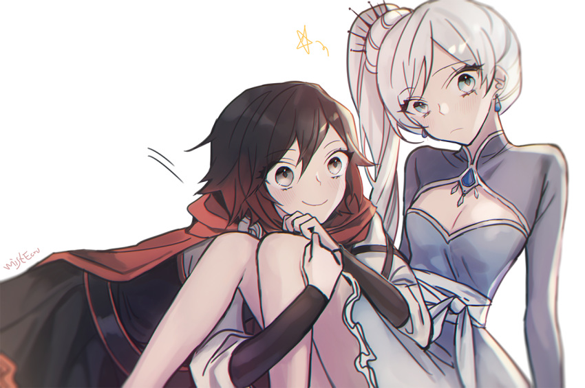 alternate_costume bad_id bad_twitter_id blue_eyes breasts cape cleavage commentary ecru eyebrows_visible_through_hair eyelashes hug multiple_girls red_hair ruby_rose rwby scar scar_across_eye silver_eyes smile weiss_schnee white_hair