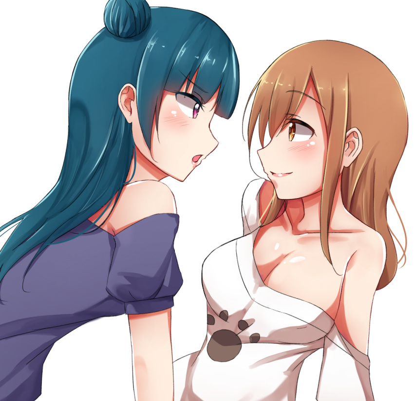 10s 2girls blue_hair blush breasts brown_eyes brown_hair cleavage eyebrows_visible_through_hair hair_bun kunikida_hanamaru large_breasts long_hair looking_at_another looking_at_viewer love_live! love_live!_sunshine!! mistynight multiple_girls off_shoulder open_mouth purple_eyes simple_background smile tsushima_yoshiko white_background