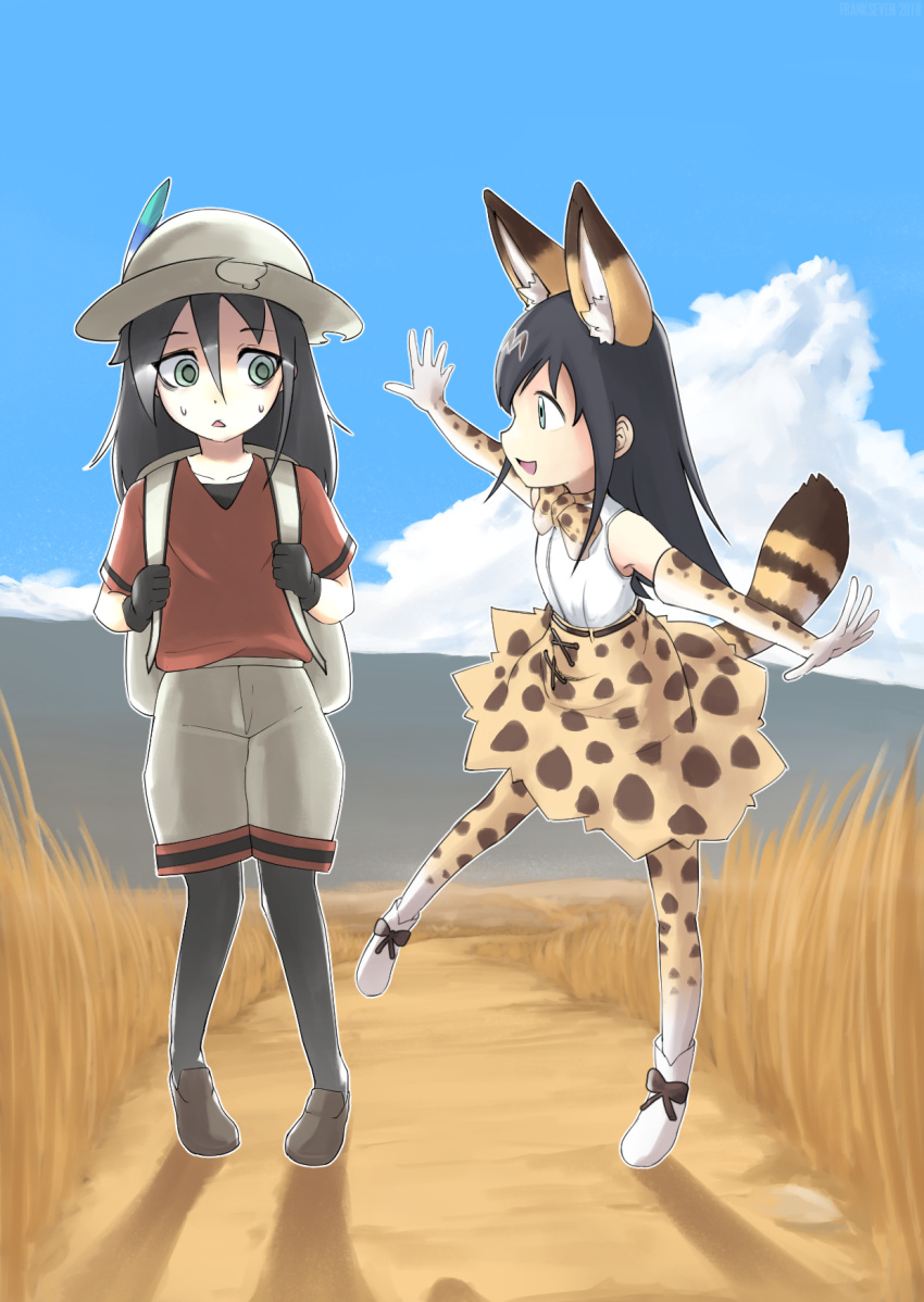 :d animal_ears backpack bag bags_under_eyes black_gloves black_hair black_legwear blue_sky boots bow bowtie cloud commentary cosplay day elbow_gloves english_commentary frankseven gloves green_eyes hat hat_feather highres kaban_(kemono_friends) kaban_(kemono_friends)_(cosplay) kemono_friends kuroki_tomoko long_hair looking_at_another multiple_girls open_mouth outdoors outline outstretched_arms pantyhose pantyhose_under_shorts print_gloves print_legwear print_neckwear print_skirt profile red_shirt satozaki_kiko savannah serval_(kemono_friends) serval_(kemono_friends)_(cosplay) serval_ears serval_print serval_tail shirt shoes short_sleeves shorts skirt sky sleeveless sleeveless_shirt smile spread_arms sweatdrop tail triangle_mouth watashi_ga_motenai_no_wa_dou_kangaetemo_omaera_ga_warui! white_hat white_outline white_shirt white_shorts