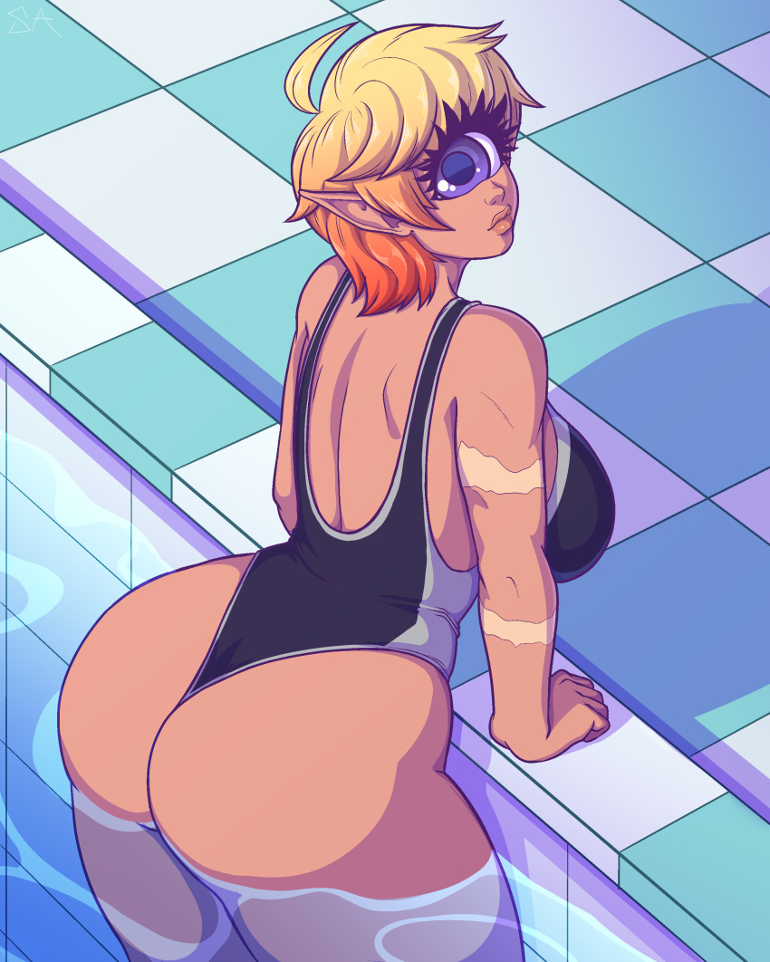 2018 absurd_res butt clothed clothing cyclops digital_media_(artwork) eyelashes female hair hi_res humanoid looking_at_viewer looking_back multicolored_hair not_furry one-piece_swimsuit partially_submerged pointy_ears purple_eyes scar short_hair solo souladdicted swimming_pool swimsuit two_tone_hair viviana_(souladdicted) water