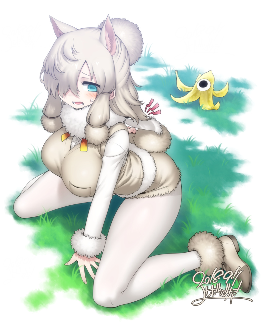 alpaca_ears alpaca_suri_(kemono_friends) alpaca_tail animal_ears aqua_eyes arched_back arm_support arms_behind_back banana_peel bangs blonde_hair blush breast_pocket breasts buttons cerulean_(kemono_friends) commentary_request dated extra_ears eyebrows_visible_through_hair fallen_down from_above full_body fur-trimmed_footwear fur-trimmed_sleeves fur_scarf fur_trim grass hair_over_one_eye hand_on_own_ass highres horizontal_pupils kemono_friends kneeling long_sleeves looking_at_another looking_down medium_hair one-eyed open_mouth outstretched_arm pantyhose pantyhose_under_shorts platinum_blonde_hair pocket scarf shirt shoes shorts signature sweater_vest tail white_legwear white_shirt yoshida_hideyuki