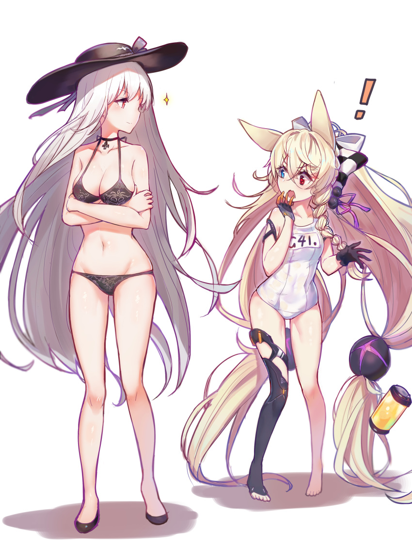 2girls 735308747 :o absurdly_long_hair absurdres alternate_costume alternate_hairstyle animal_ears armband bangs bare_arms bare_legs barefoot bikini black_choker black_footwear black_hat blonde_hair blue_eyes braid breasts chinese_commentary choker cleavage collarbone commentary_request covered_navel cross cross_choker crossed_arms fox_ears g41_(girls_frontline) girls_frontline gloves hair_between_eyes hair_ornament hair_ribbon hand_to_own_mouth hat hat_ribbon heterochromia highres iron_cross jewelry kar98k_(girls_frontline) long_hair long_legs looking_at_breasts low-tied_long_hair multiple_girls name_tag navel necklace one-piece_swimsuit open_mouth prosthesis prosthetic_hand red_eyes ribbon school_swimsuit shadow single_braid skinny slim_legs small_breasts sparkle sun_hat swimsuit twintails unaligned_ears v-shaped_eyebrows very_long_hair white_background white_hair white_school_swimsuit white_swimsuit