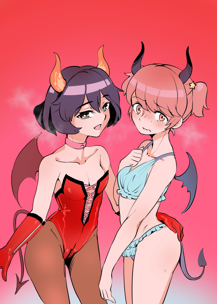 absurdres alisa_(girls_und_panzer) alternate_costume aomushi_(mushamusha) ass_grab bangs black_wings blue_bra blue_panties blush bra breasts brown_eyes brown_hair brown_legwear choker closed_mouth collarbone commentary crotch_zipper demon_girl demon_tail demon_wings embarrassed eyebrows_visible_through_hair freckles frilled_bra frilled_panties frills frown girls_und_panzer gloves hair_ornament hand_on_own_chest highres horns leotard looking_at_viewer multiple_girls naughty_face panties pantyhose pink_choker red_gloves red_leotard red_wings short_hair short_twintails small_breasts smile standing star star_hair_ornament strapless strapless_leotard succubus tail twintails underwear underwear_only utsugi_yuuki wavy_mouth wings zipper