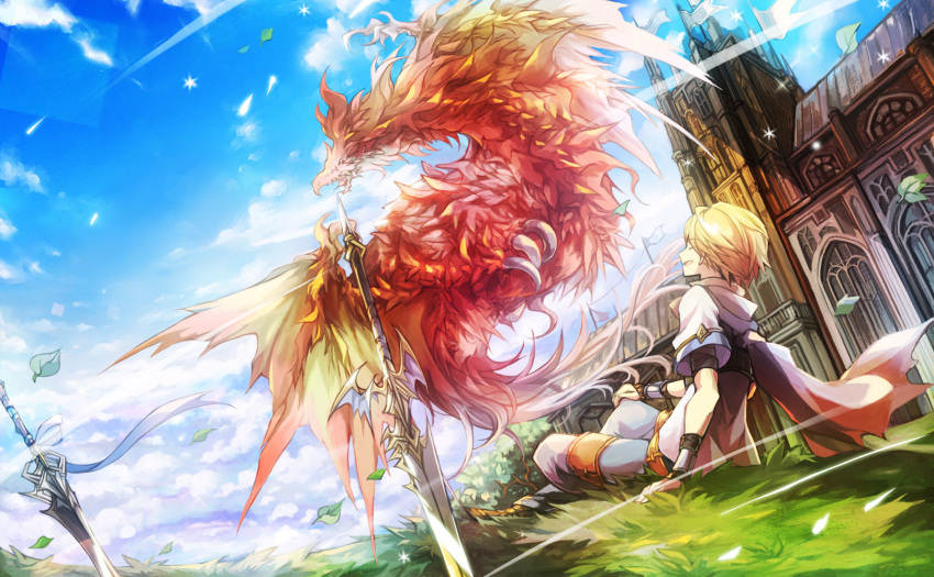 bahamut_lagoon blonde_hair blue_sky bracer byuu cape cloud commentary_request day dragon grass highres house leaf looking_at_another male_focus outdoors planted_sword planted_weapon red_cape salamando sitting sky solo sword touka_(jue) weapon wind