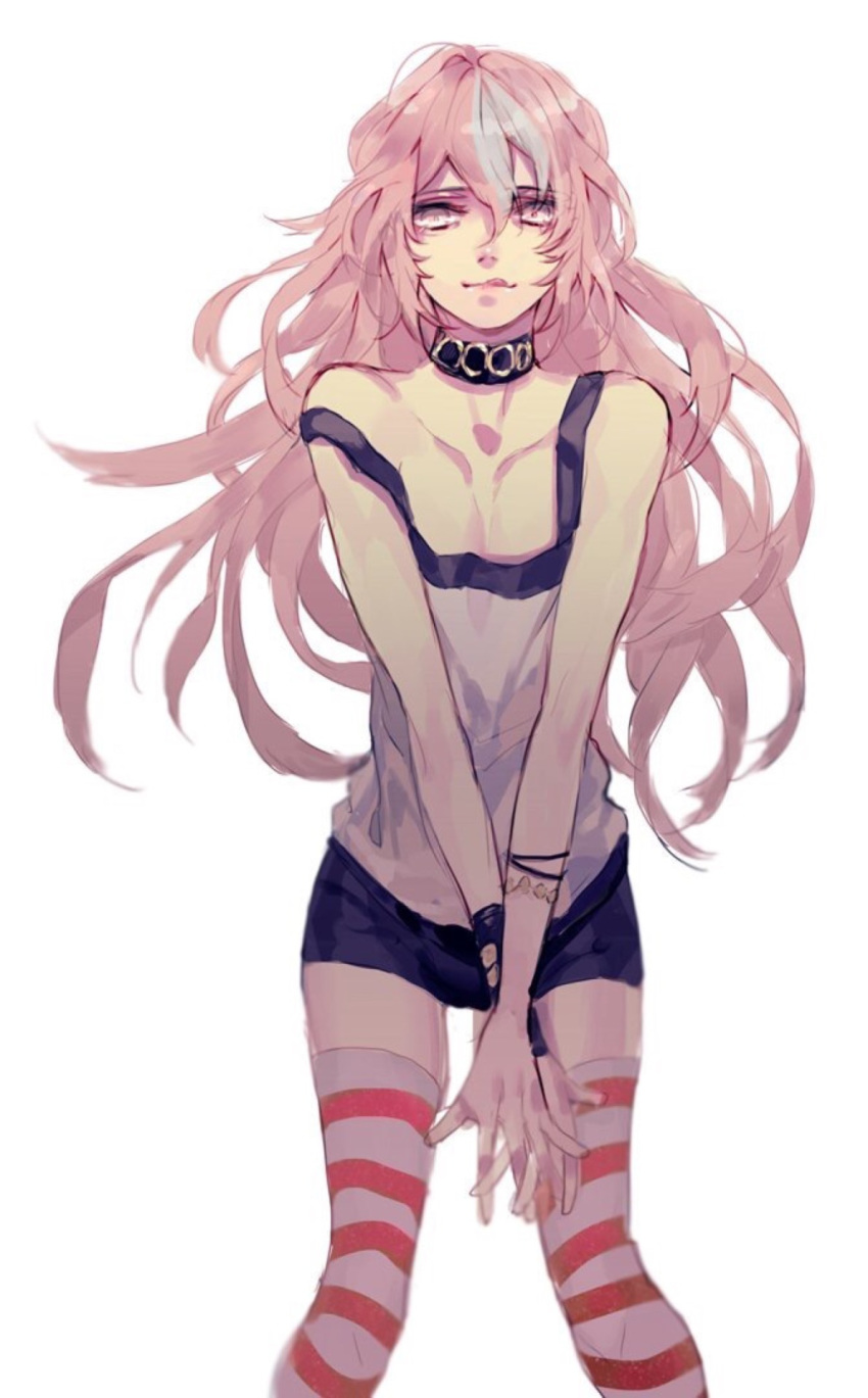 astolfo_(fate) backlighting bangs bare_arms bare_shoulders black_choker bracelet choker collarbone commentary english_commentary fate/apocrypha fate_(series) flat_chest hair_spread_out half-closed_eyes highres interlocked_fingers jewelry leaning_forward lips long_hair looking_at_viewer male_focus multicolored_hair otoko_no_ko own_hands_together pectorals petite pink_hair simple_background sleeveless solo standing strap_slip streaked_hair striped striped_legwear thigh_gap thighhighs toned tooaya two-tone_hair v_arms white_background white_hair
