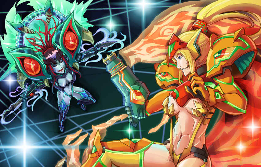 abs adapted_costume alternate_form arm_cannon black_hair black_sclera blonde_hair blue_eyes blue_skin breasts cleavage commentary dark_samus dual_wielding evil_smile fangs hakuramen high_ponytail highres holding kill_la_kill looking_at_another medium_breasts metroid mole mole_under_mouth multicolored_hair multiple_girls parody ponytail red_hair revealing_clothes samus_aran smile suspenders sword toned two-tone_hair weapon