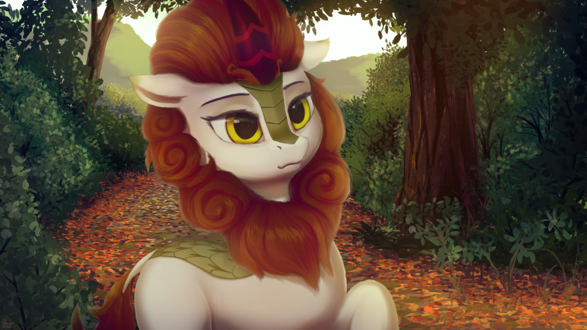 2018 autumn_blaze_(mlp) detailed_background female feral friendship_is_magic hair hi_res horn kirin my_little_pony outside quvr solo tree yellow_eyes