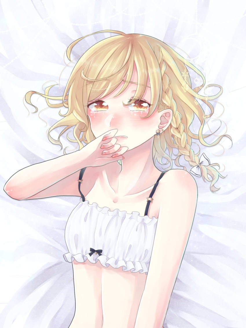 ahoge bandeau bangs bare_arms bare_shoulders bed_sheet black_bow black_ribbon blonde_hair blush bow braid breasts collarbone commentary_request crying crying_with_eyes_open earrings eyebrows eyebrows_visible_through_hair eyelashes eyes_visible_through_hair fingernails frills hair_bow hair_ribbon hand_to_head hand_to_own_mouth hand_up highres jewelry kirisame_marisa lips long_fingernails lying mei_(mei19132) nail_polish no_hat no_headwear on_back on_bed pink_lips pink_nails ribbon short_hair side_braid single_braid small_breasts solo spaghetti_strap star star_earrings strap_slip tears teeth touhou tress_ribbon upper_body white_bow white_ribbon yellow_eyes