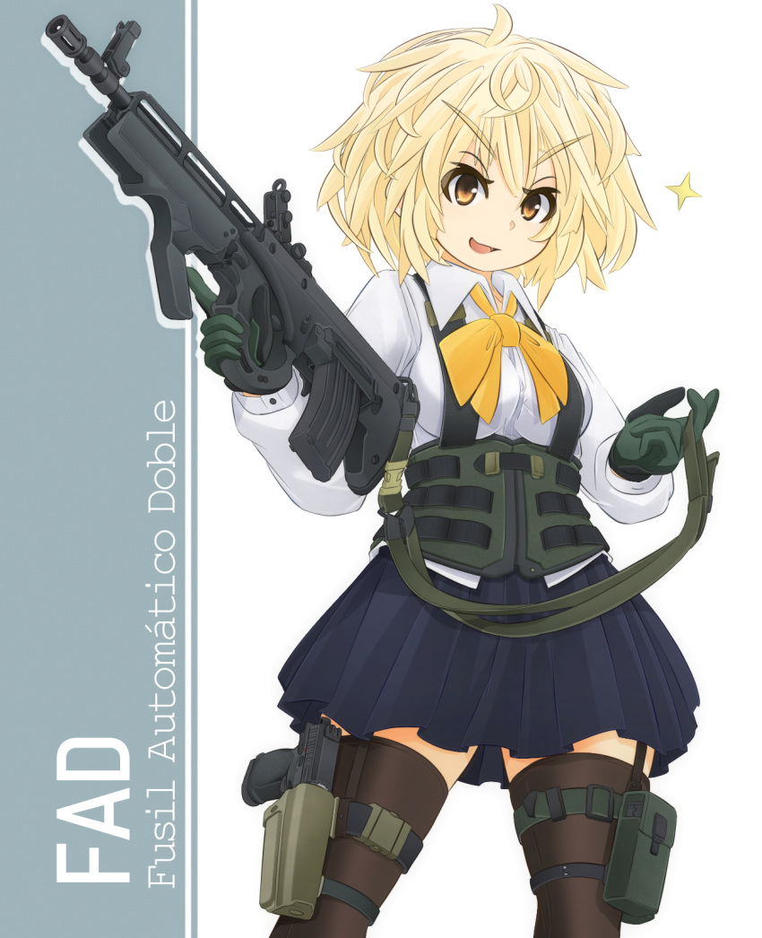 assault_rifle bangs black_legwear blonde_hair blouse blue_skirt bow bowtie collared_blouse commentary_request corset cowboy_shot fad_assault_rifle gloves green_gloves gun handgun highres holding ichigotofu long_sleeves looking_at_viewer military miniskirt open_mouth orange_eyes original pleated_skirt pouch rifle short_hair skirt smirk solo spanish standing star tactical_clothes thigh_strap thighhighs trigger_discipline v-shaped_eyebrows weapon weapon_request white_blouse yellow_neckwear zettai_ryouiki