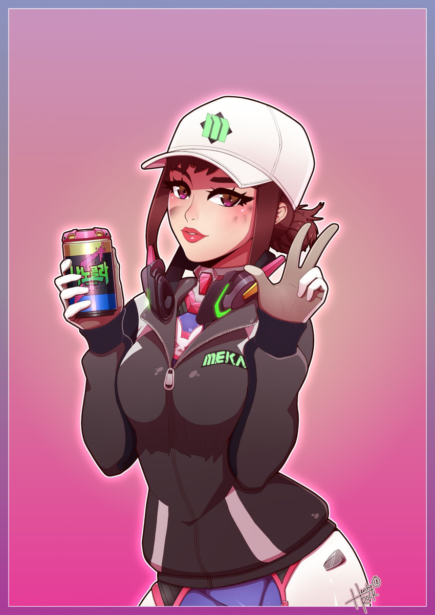 1girl alternate_hairstyle artist_name baseball_cap bodysuit breasts brown_eyes brown_hair can d.va_(overwatch) dirty_face gloves hair_bun hat headphones headphones_around_neck hentyrock highres image_sample jacket lipstick makeup medium_breasts overwatch pink_background ribbed_bodysuit shooting_star_d.va signature soda_can solo twitter_sample w zipper