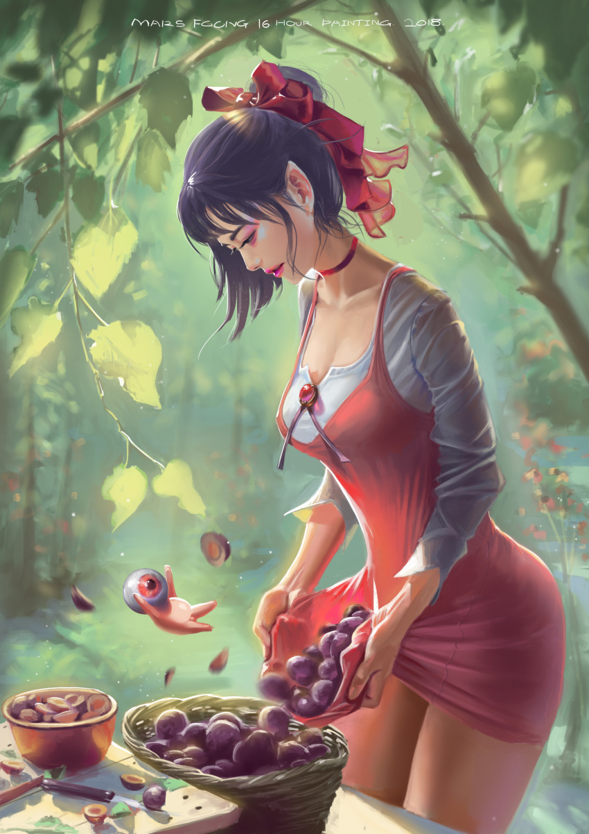 absurdres artist_name bow choker commentary_request dated dress eyeshadow food forest fruit gegege_no_kitarou hair_bow highres knife lips lipstick makeup mars_foong medama_oyaji nature nekomusume nekomusume_(gegege_no_kitarou_6) nose outdoors plum pointy_ears purple_hair realistic red_bow red_dress short_hair skirt_basket solo