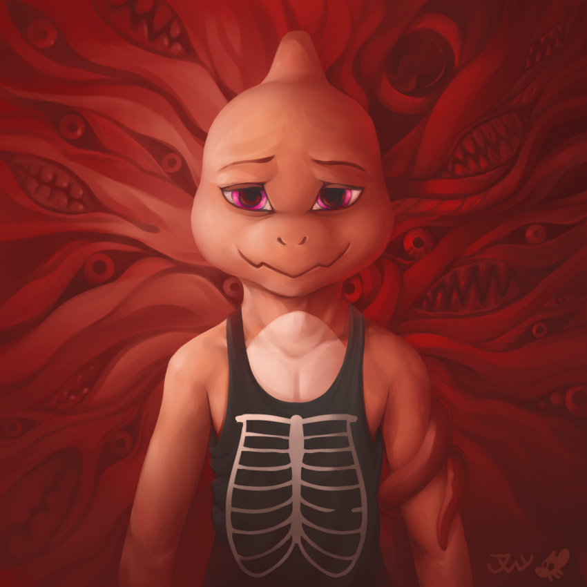 2018 anthro charmeleon dark_background leviathan looking_at_viewer male nintendo pok&eacute;mon pok&eacute;mon_(species) portrait profile_id solo standing tentacles thomas tired twymouse video_games