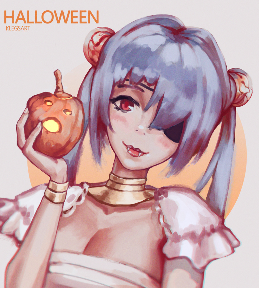 artist_name asymmetrical_bangs bangs blue_hair bracelet breasts closed_mouth commentary english english_commentary fangs gold hair_over_one_eye halloween highres holding_pumpkin jack-o'-lantern jewelry klegsart lips lipstick looking_at_viewer makeup medium_breasts original puffy_short_sleeves puffy_sleeves red_lipstick shiny shiny_hair short_sleeves solo twintails