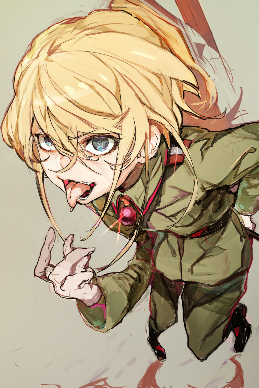 absurdres bangs blonde_hair blue_eyes boots collared_jacket commentary_request crossed_bangs eyebrows_visible_through_hair green_jacket green_pants grey_background hair_between_eyes highres hiranko jacket long_hair long_sleeves looking_at_viewer pants saliva simple_background sketch smile solo standing tanya_degurechaff tongue tongue_out youjo_senki