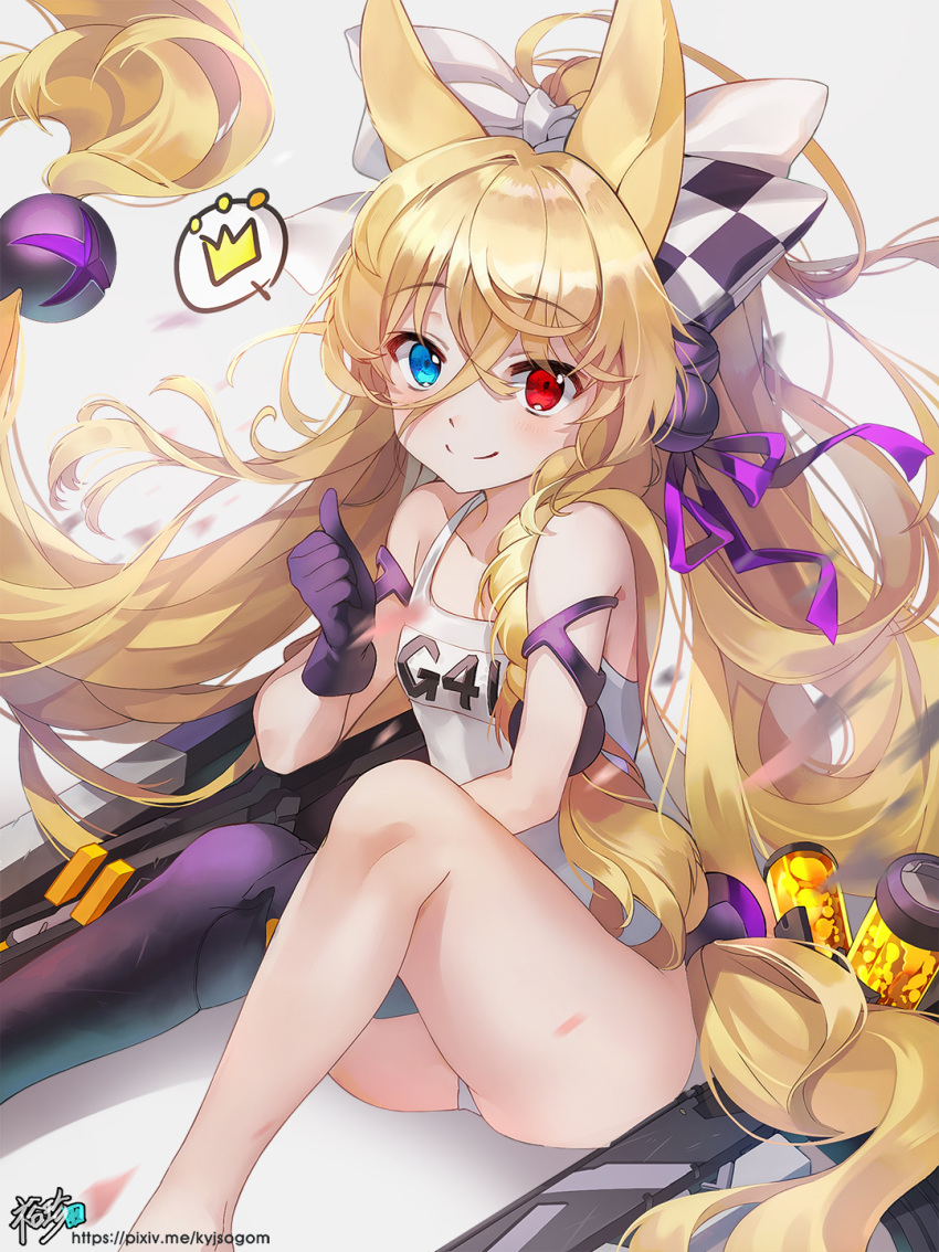 animal_ears arm_strap bangs between_legs black_bow black_gloves blonde_hair blue_eyes blush bow braid breasts checkered checkered_bow collarbone commentary_request eyebrows_visible_through_hair fang floating_heart g41_(girls_frontline) girls_frontline gloves hair_between_eyes hair_bobbles hair_bow hair_ornament hair_ribbon hand_between_legs heterochromia highres kyjsogom long_hair looking_at_viewer low-tied_long_hair low_twintails name_tag neon_trim old_school_swimsuit one-piece_swimsuit open_mouth outdoors purple_ribbon red_eyes ribbon school_swimsuit shade side_braid signature single_braid single_thighhigh sitting sky small_breasts solo swimsuit thigh_strap thighhighs thighs thumbs_up twintails very_long_hair white_bow white_school_swimsuit white_swimsuit